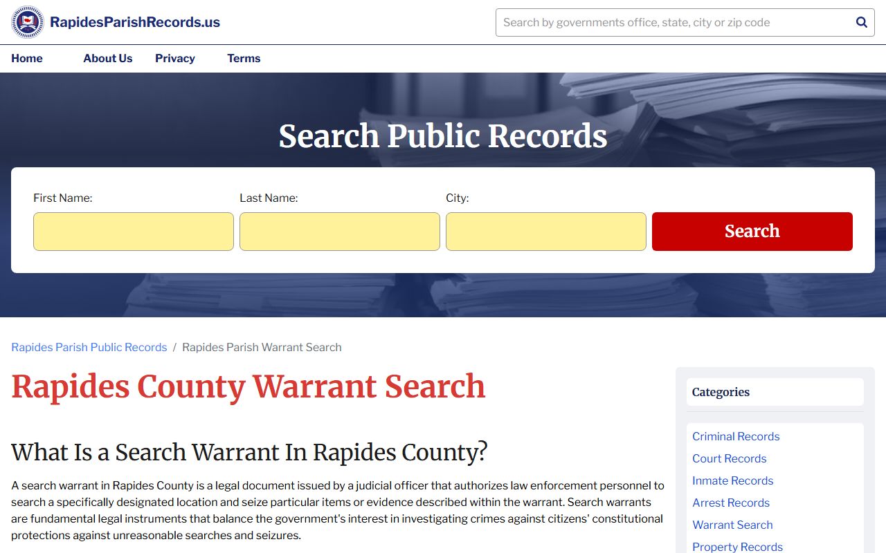 Rapides Parish warrant search page for Alexandria warrant records