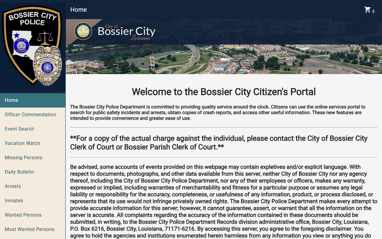 Bossier City Police to Citizen portal for Bossier City warrant records lookups