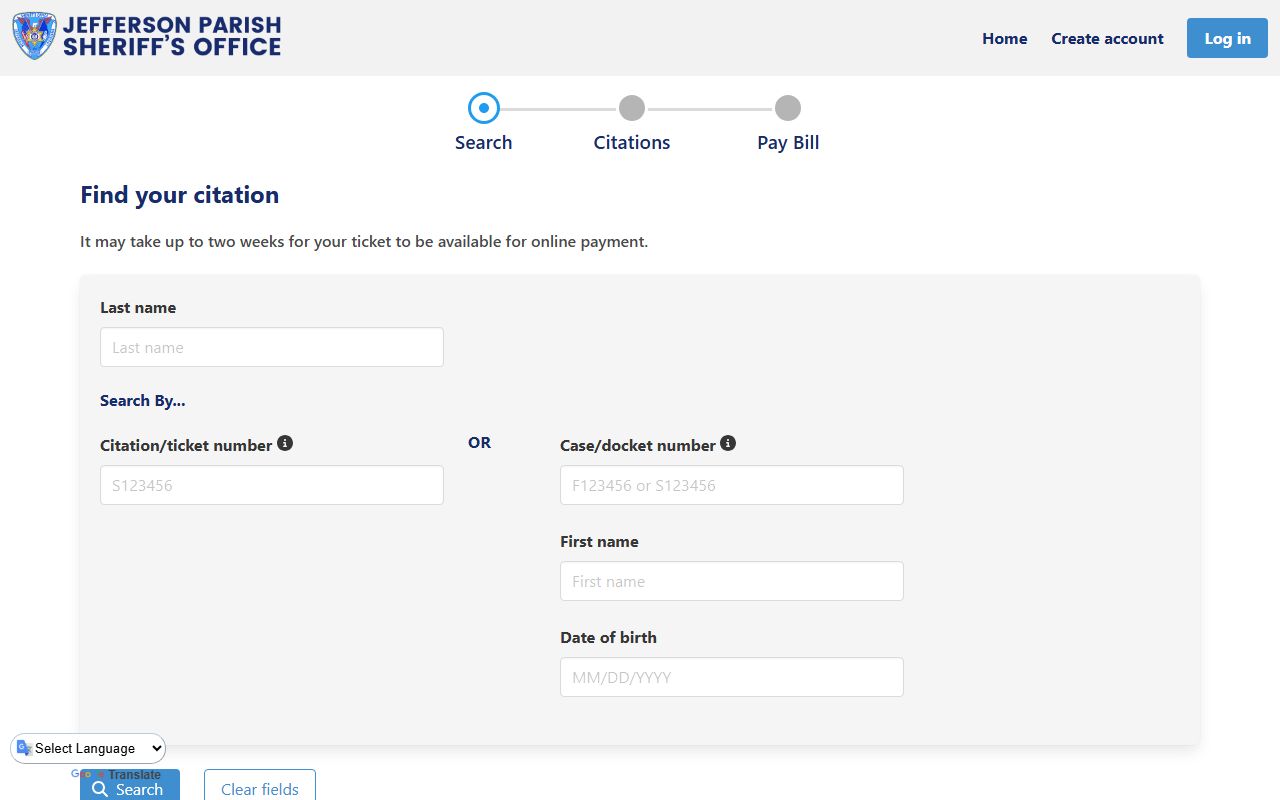 Jefferson Parish online ticket payment system for Metairie warrant records