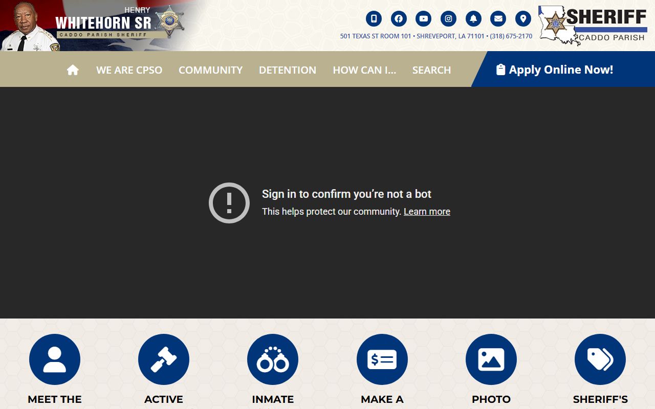 Caddo Parish Sheriff's Office website for searching Shreveport warrant records