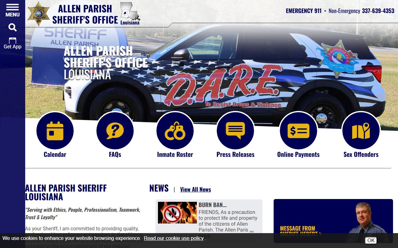 Allen Parish Sheriff's Office homepage for searching Allen Parish warrant records