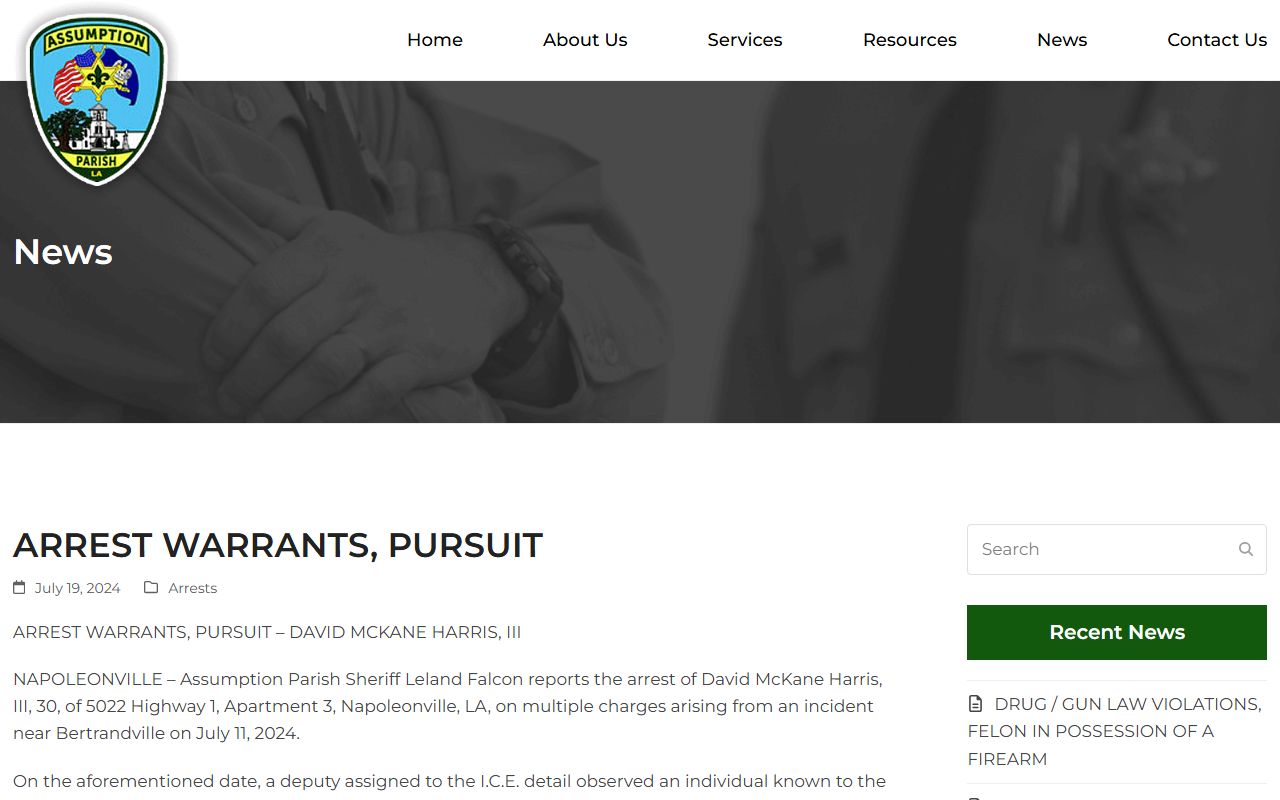 Assumption Parish arrest warrants page showing active warrant records