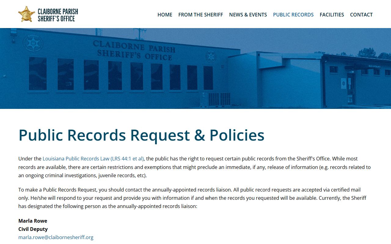 Claiborne Parish public records request page for warrant records