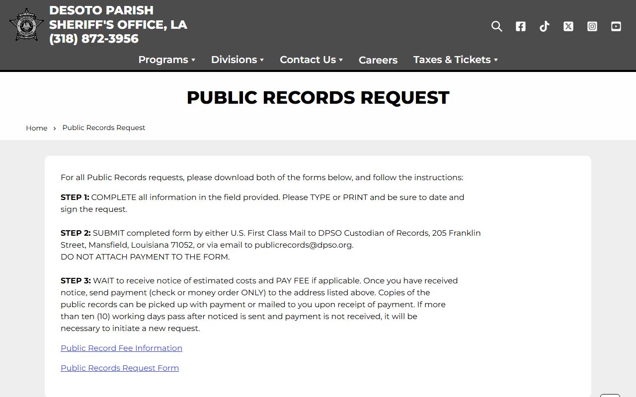 DeSoto Parish public records request page for warrant records
