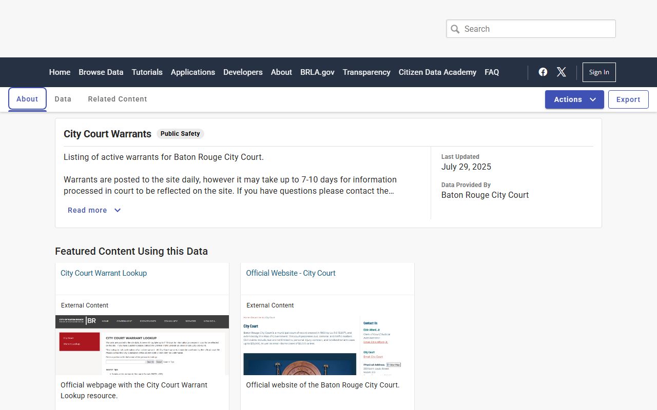 Open Data BR city court warrants portal for East Baton Rouge Parish warrant records search