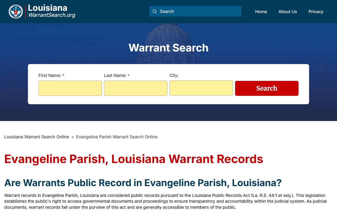 Evangeline Parish warrant information page for warrant records search
