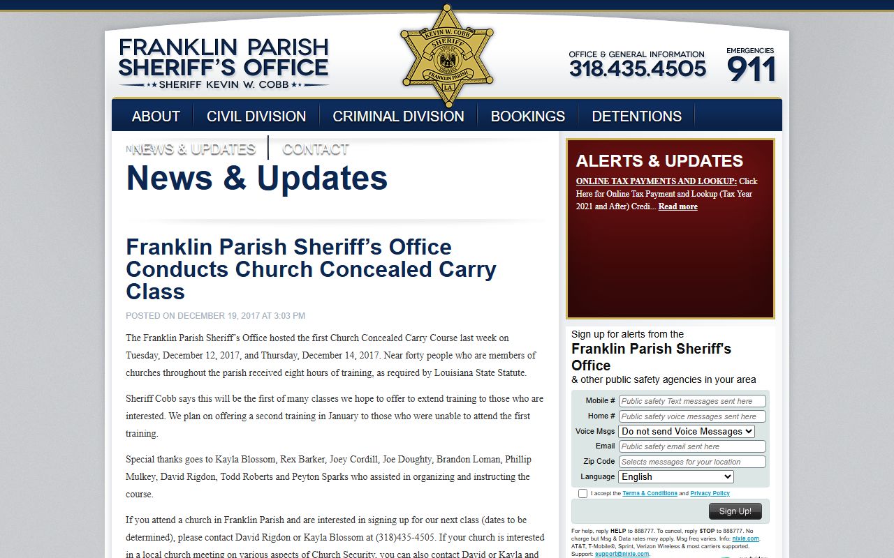 Franklin Parish Sheriff news page showing recent warrant records activity