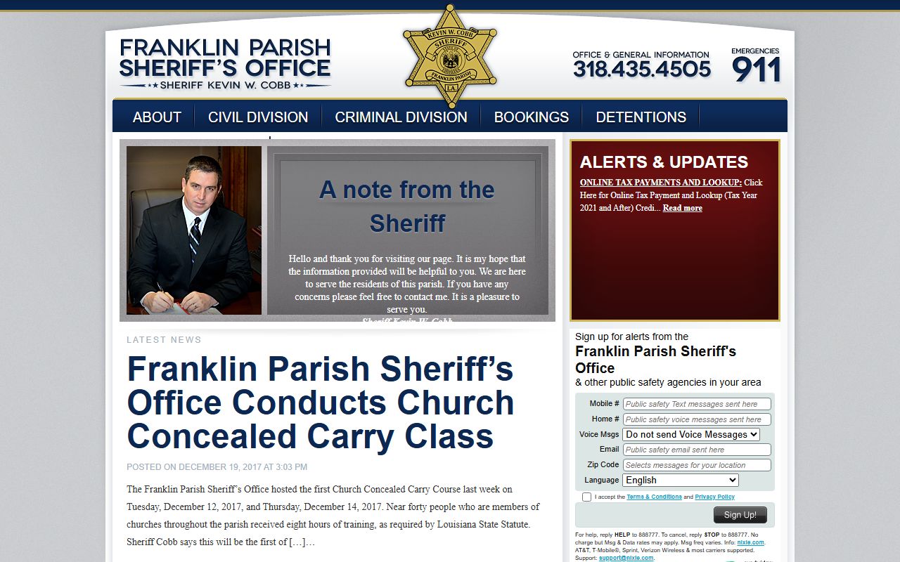 Franklin Parish Sheriff's Office homepage for warrant records search