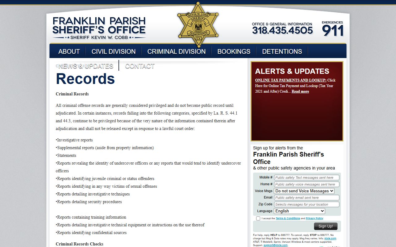 Franklin Parish Sheriff records division page for warrant records requests