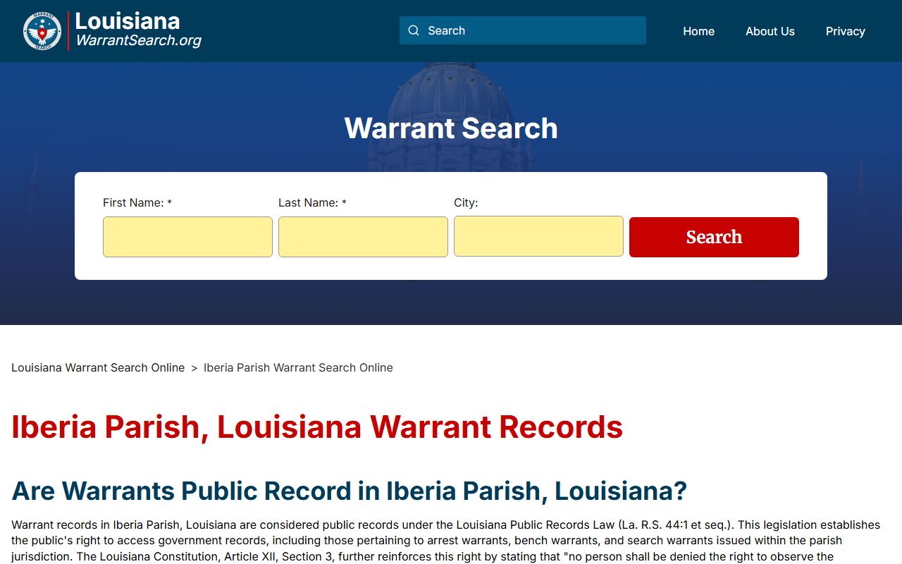 Iberia Parish warrant information reference page for warrant records