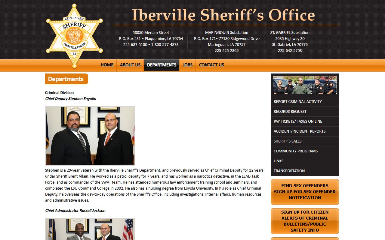 Iberville Parish Sheriff departments page for warrant records information
