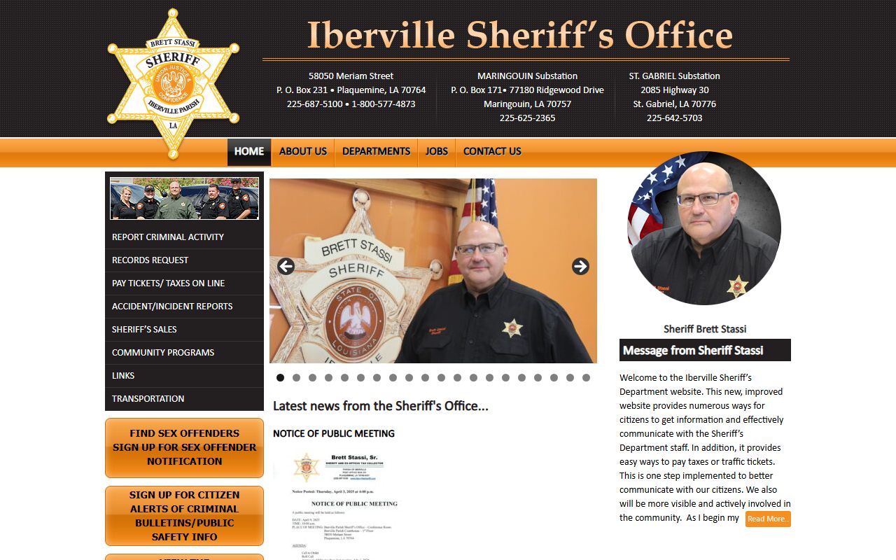 Iberville Parish Sheriff's Office homepage for warrant records search