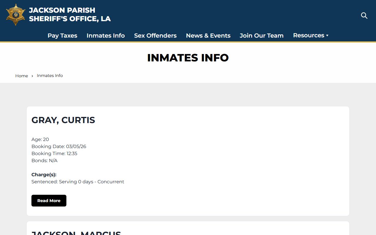 Jackson Parish Sheriff inmate information page for warrant records