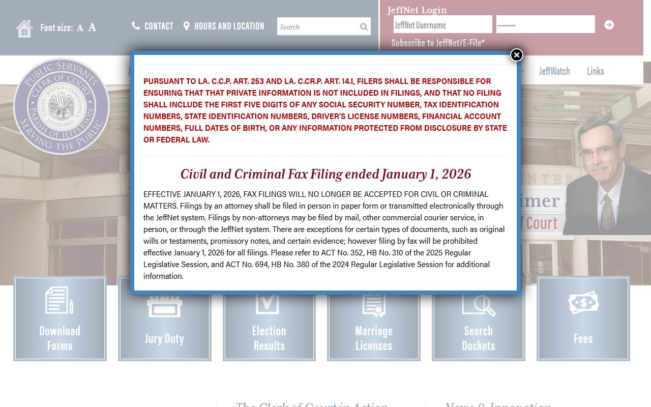 Jefferson Parish Clerk of Court homepage for JeffNet warrant records access