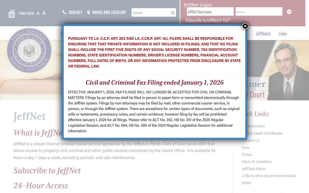 Jefferson Parish JeffNet login page for searching warrant records