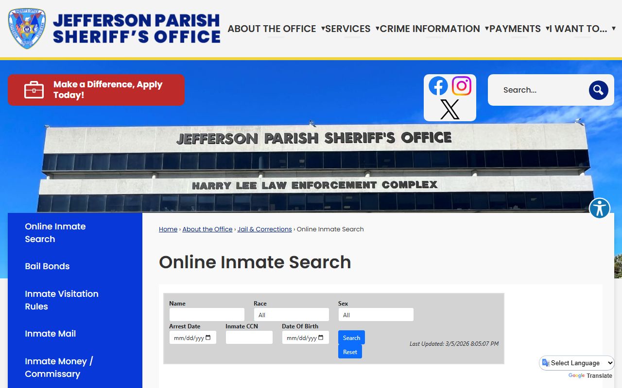 Jefferson Parish Sheriff online inmate search for warrant records