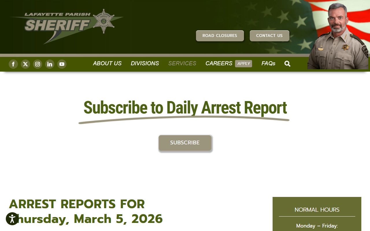 Lafayette Parish daily arrest report showing recent warrant records