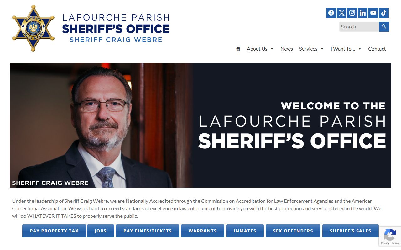 Lafourche Parish Sheriff's Office homepage with warrant records search tool