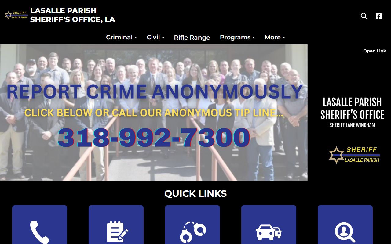 LaSalle Parish Sheriff's Office homepage for warrant records search
