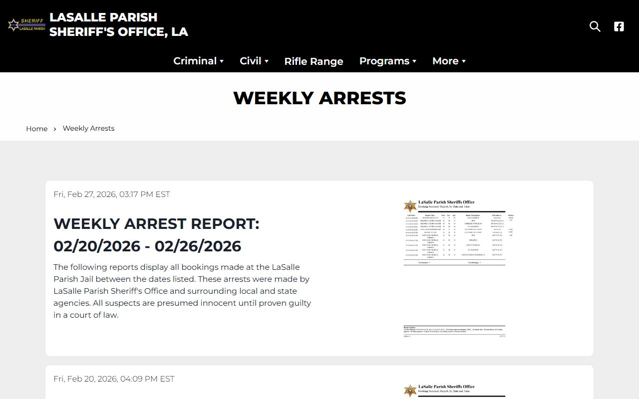 LaSalle Parish weekly arrests page showing recent warrant records activity