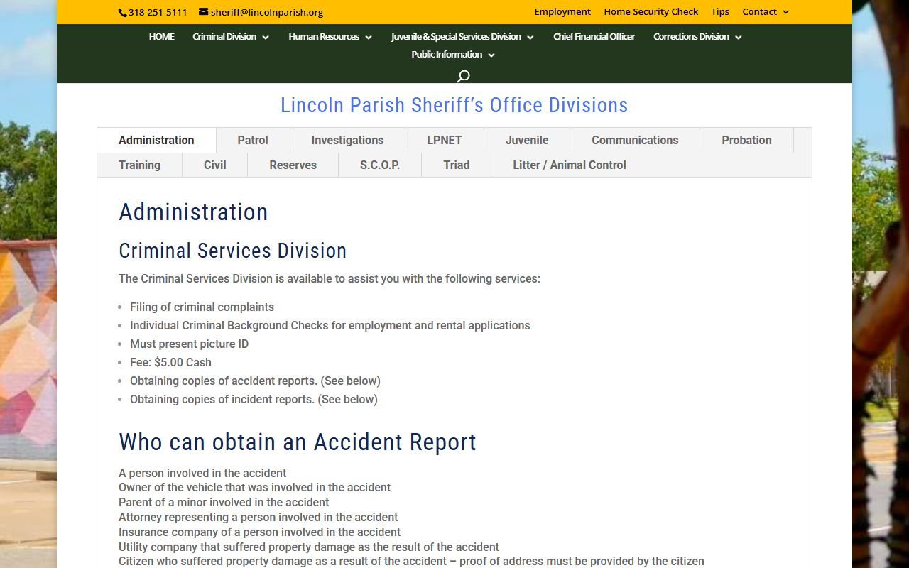 Lincoln Parish Sheriff divisions page showing warrant records division
