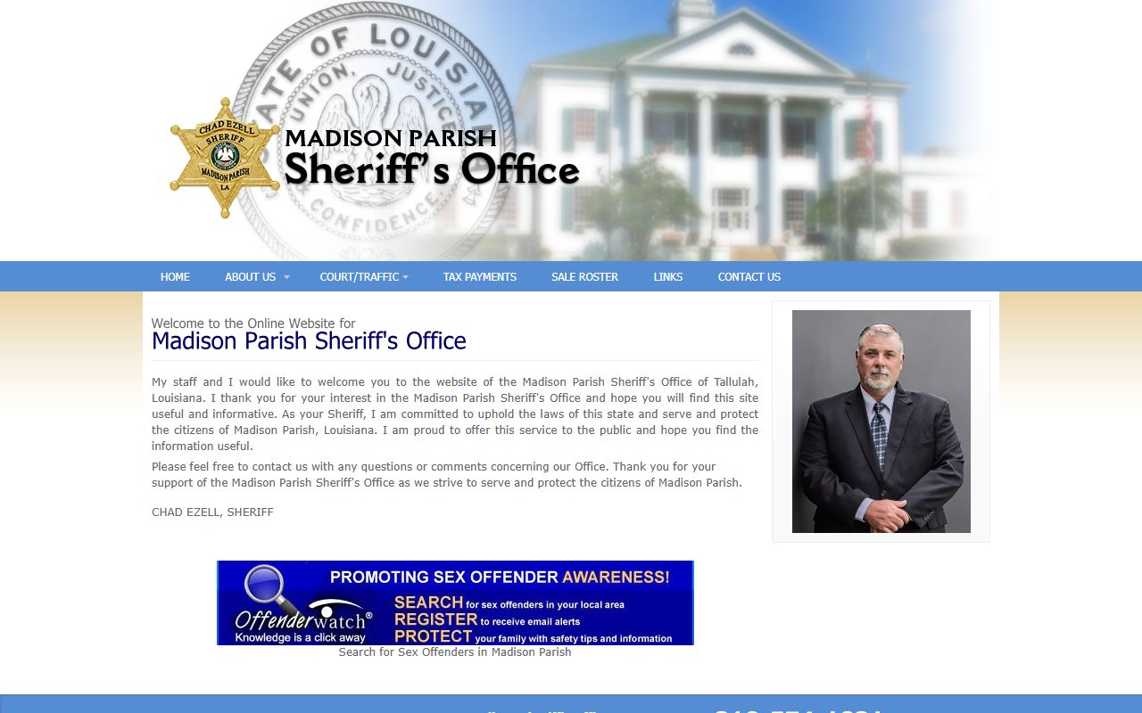 Madison Parish Sheriff's Office homepage for searching warrant records in Tallulah Louisiana