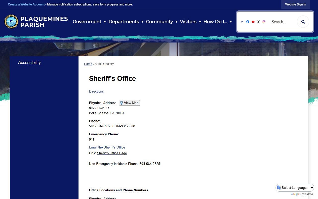 Plaquemines Parish Sheriff's Office page for warrant records search in Belle Chasse Louisiana