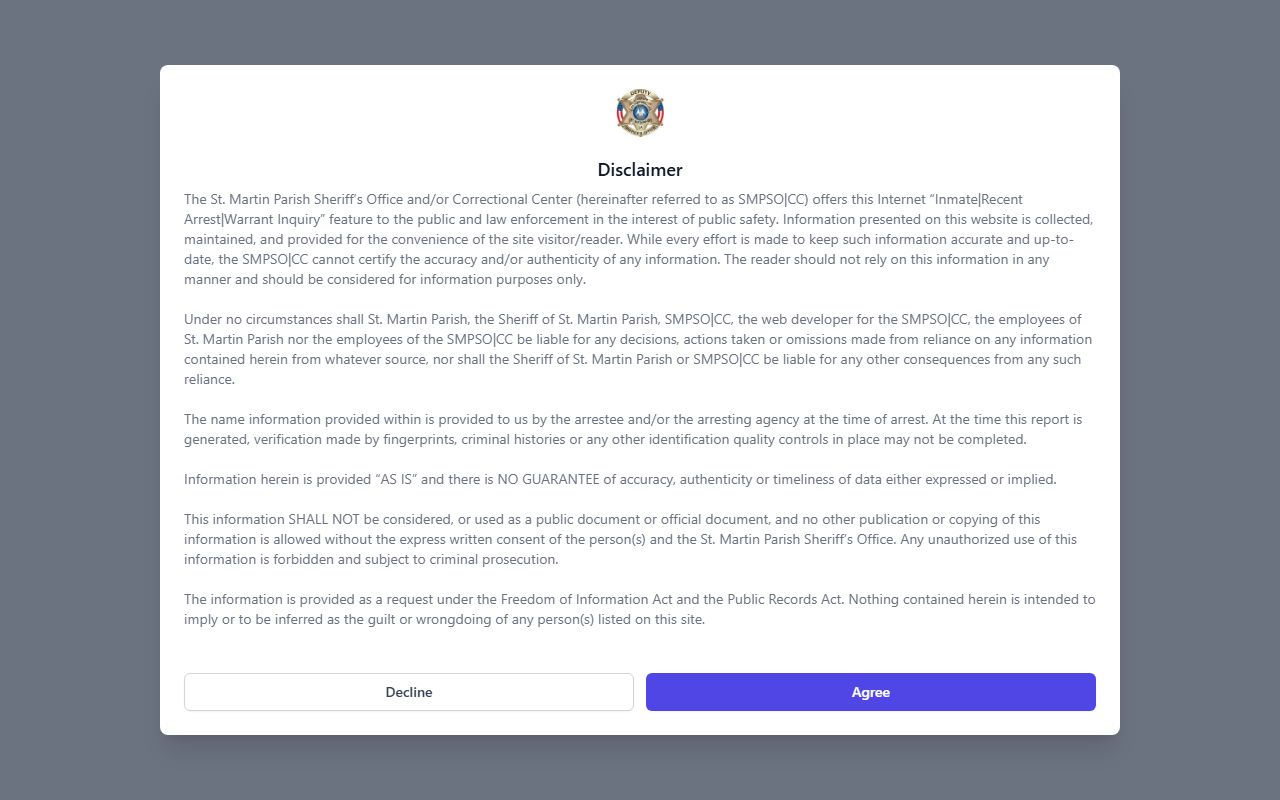 St. Martin Parish JADES inmate roster system for searching St. Martin Parish warrant records