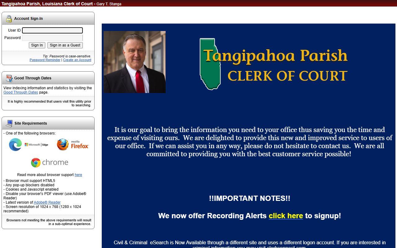 Tangipahoa Parish eSearch login page for accessing Tangipahoa Parish warrant records