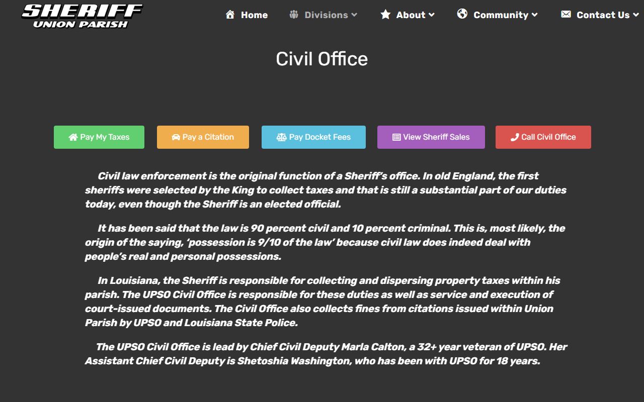 Union Parish Sheriff civil office page for Union Parish warrant records