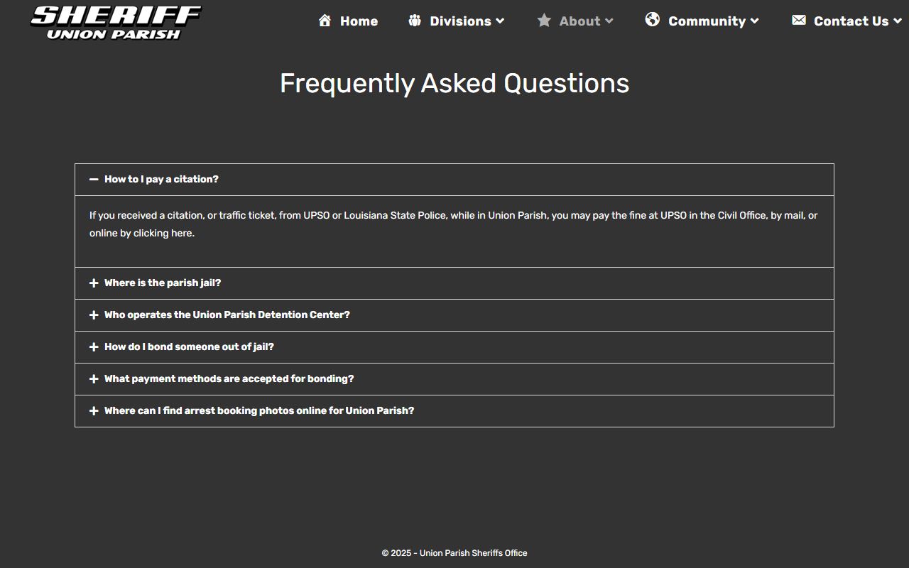 Union Parish Sheriff FAQ page with bail and bond info for Union Parish warrant records