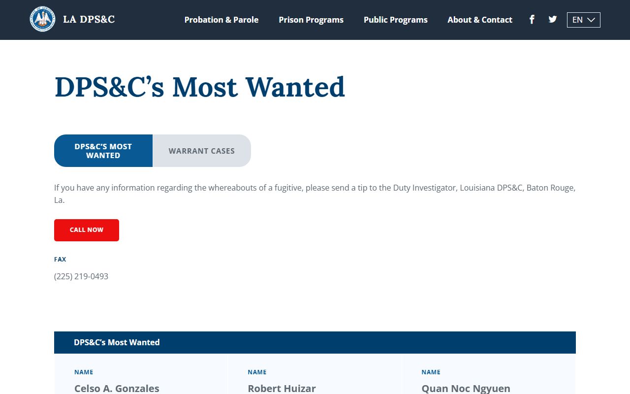 Louisiana DPS and C Most Wanted page listing fugitives with active warrant records