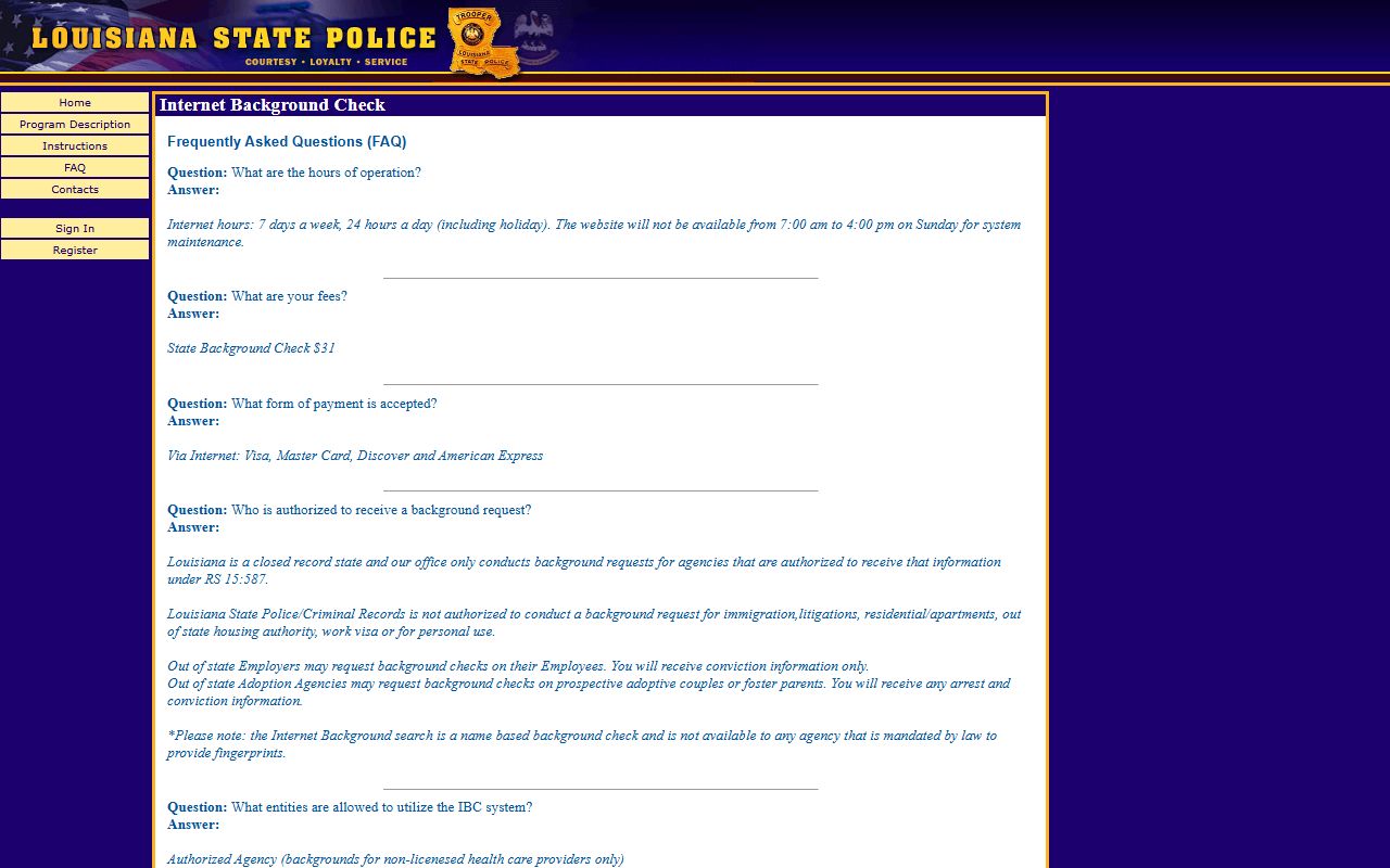Louisiana IBC FAQ page with answers about warrant records and criminal records searches