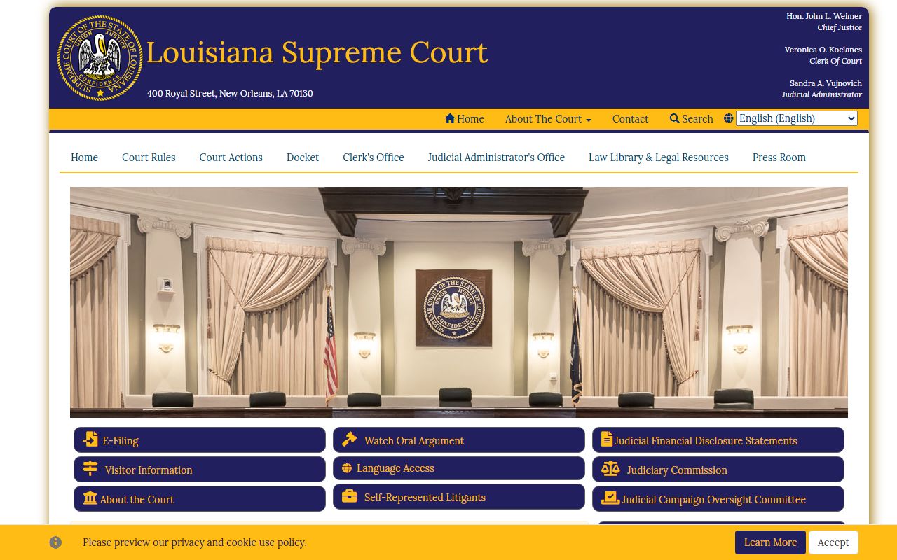 Louisiana Supreme Court homepage for accessing warrant and criminal court records