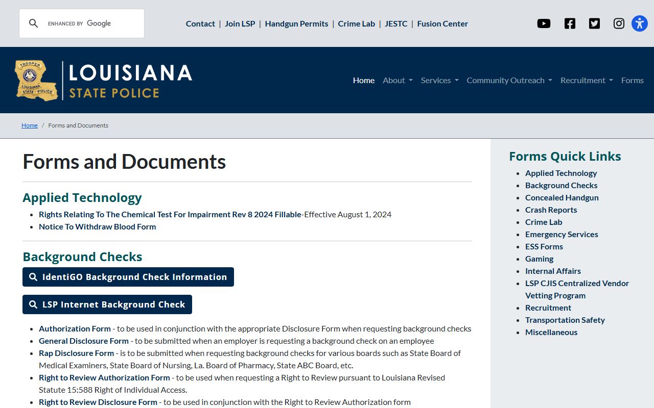 Louisiana State Police forms page for background check requests and warrant records