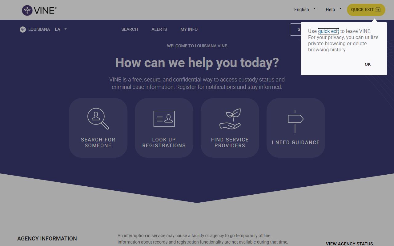 Louisiana VINELink VINE inmate search tool for tracking warrant records and arrests
